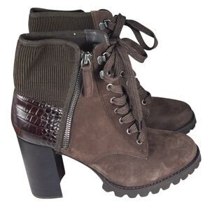 Gibson Latimer Felisa Heeled Combat Boots in Dark Brown Leather,Suede and Fabric